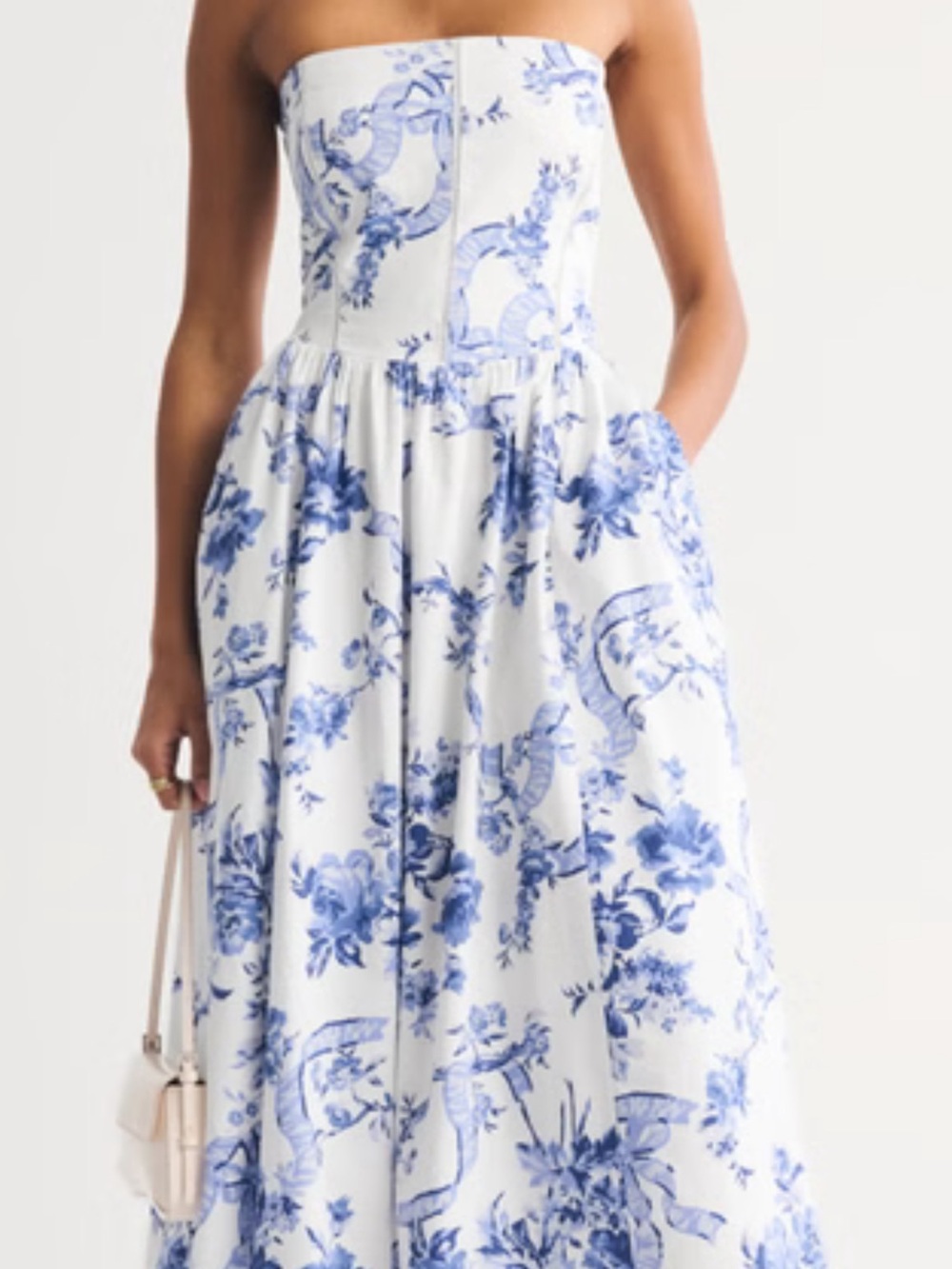 Abercrombie & Fitch White Strapless Midi Dress with Blue Floral Print